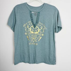 HARRY POTTER | Green Tee with Gold Metallic Graphic Grommets Women’s Size Large
